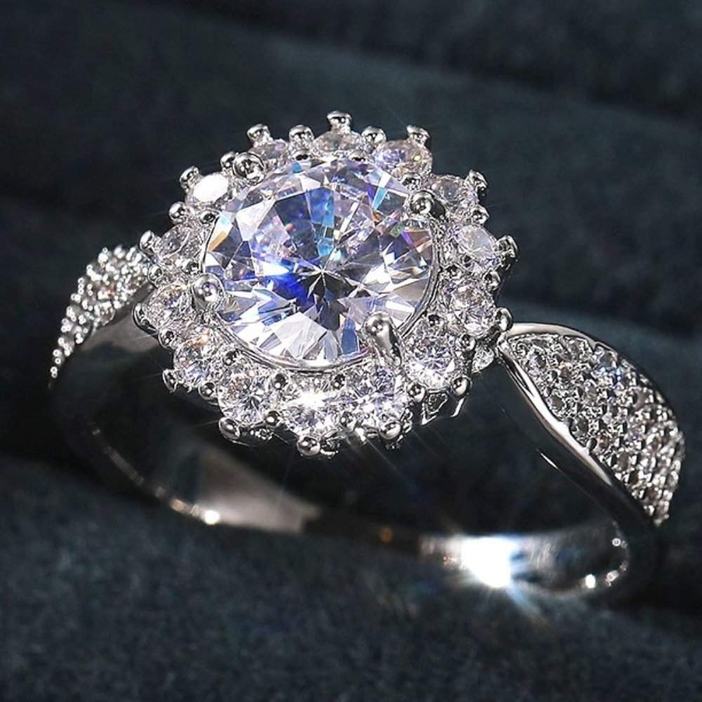 🌸925 SILVER MOISSANITE SUN FLOWER WEDDING/ENGAGEMENT RING WOMEN, K754